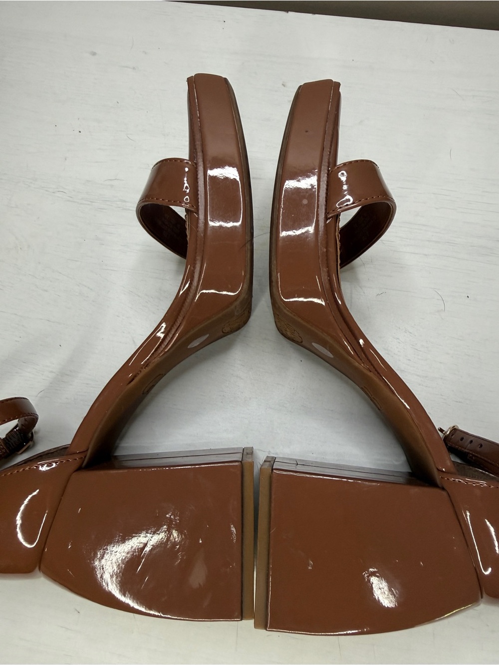 Gianni Bini Brown Say-So Patent Square Toe Ankle Strap Platform Sandals - Picture 9 of 16